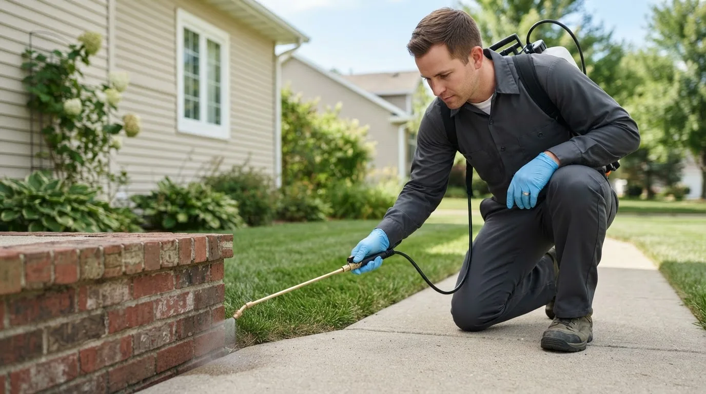 Pest control technician treating a home near Braddock, ND