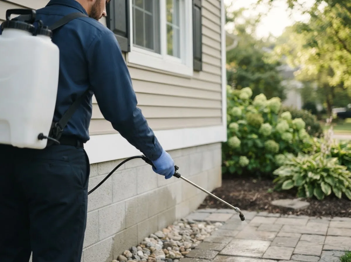Pest control technician inspecting a home in Braddock, ND
